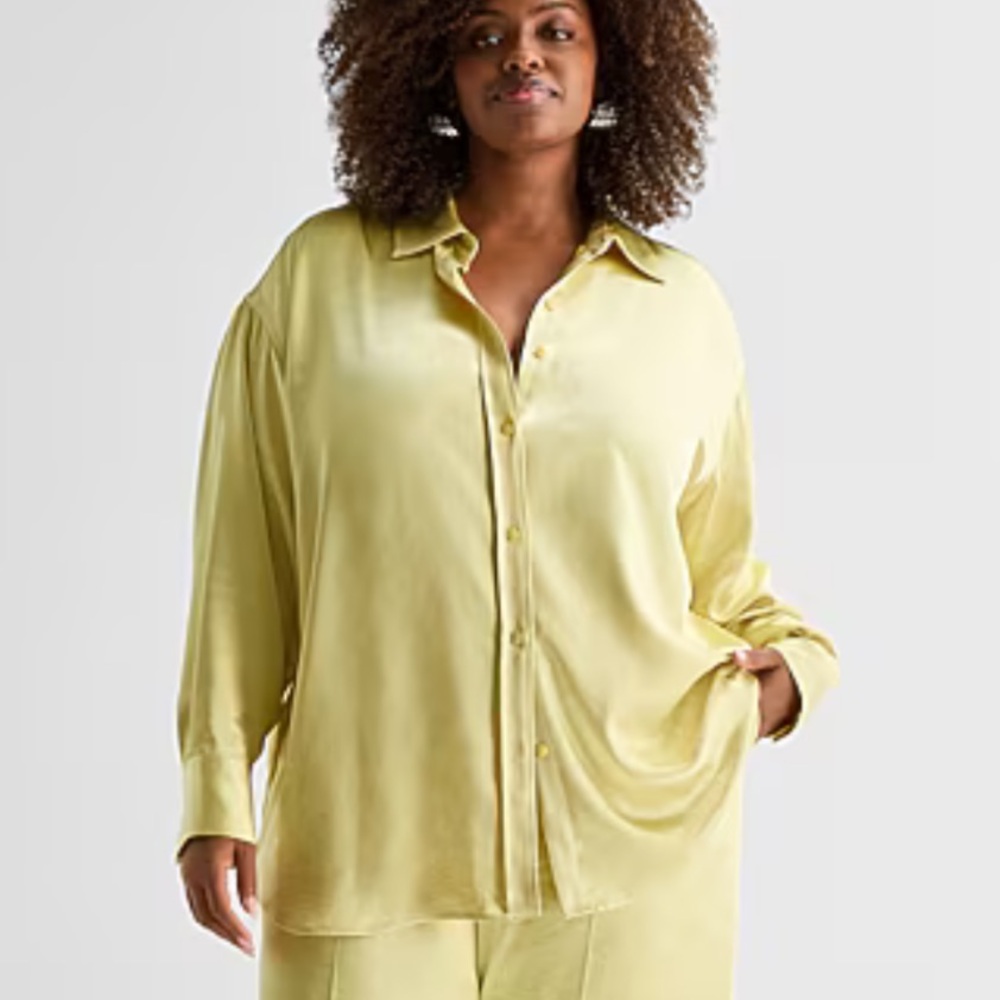 Ashley Graham Silky Lemon Yellow Button-Up Blouse Sz 0X/XL NWT